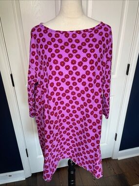 Hand Crafted Red Floral Lavender Boatneck Tunic Mini Dress 3/4 Sleeves Pockets L